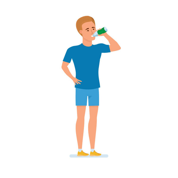 Young athlete goes in for sports, rests, drinks water, relaxes.