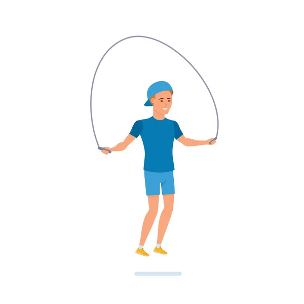 Atleta jovem está envolvido em exercícios com corda de salto, agachamentos . — Vetor de Stock