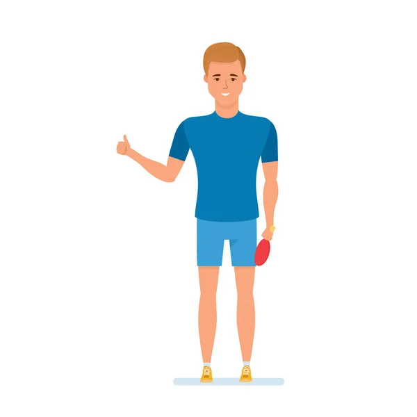 Sportovec hraje stolní tenis, ukázku gesta s schválení a úsměvy. — Stockový vektor