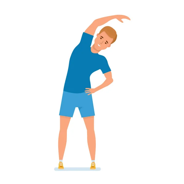 Giovane atleta fa esercizi fisici, ginnastica terapeutica, inclinazione a lato . — Vettoriale Stock