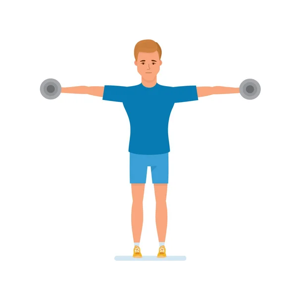 Sportsman engaged physical exercises, raises arms or hand with dumbbells. — Stock Vector