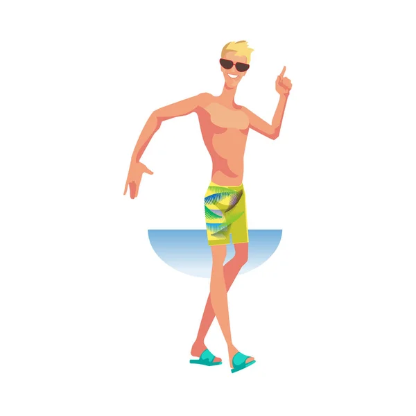 Homme élégant, en tenue de plage, danse avec les mouvements des mains, des pieds . — Image vectorielle