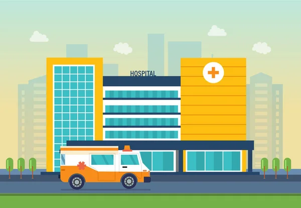 Edificio hospitalario moderno, sistema de salud, centro médico con todos los departamentos . — Vector de stock