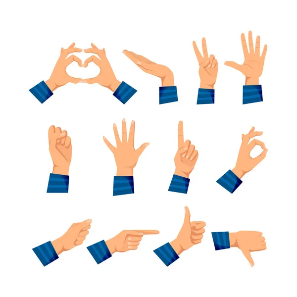 Conjunto de mãos em gestos diferentes emoções e sinais . — Vetor de Stock