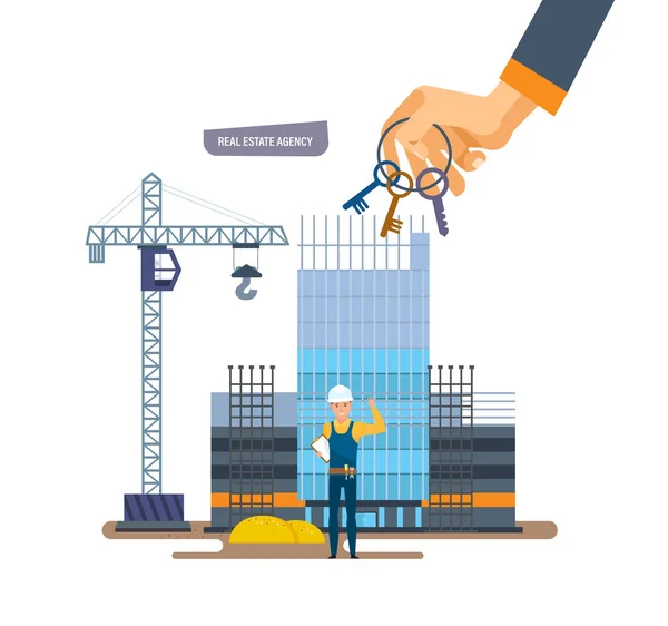 Real estate agency. Hand with keys on background construction houses. — Stock Vector