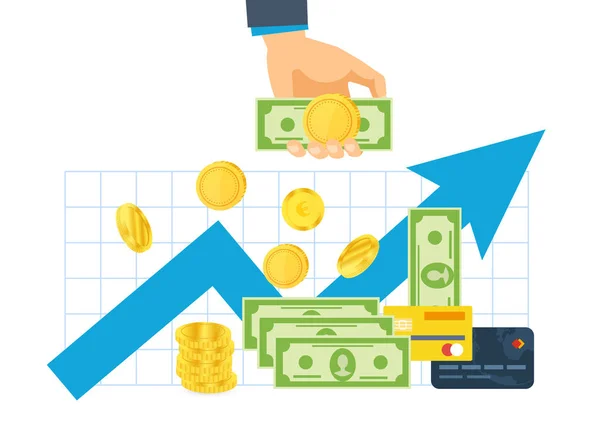 Investimento financeiro. Mãos segurar notas de dinheiro e moedas de ouro . —  Vetores de Stock