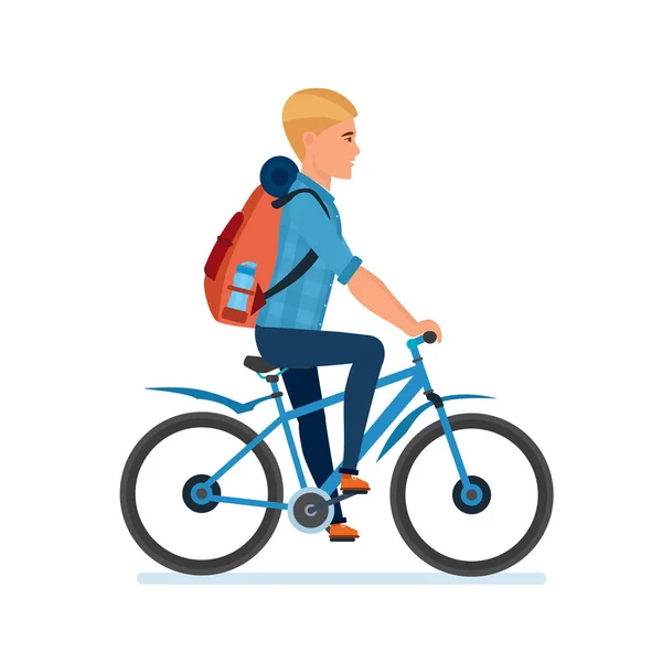 Jeune voyageur avec bagages derrière lui, en vélo . — Image vectorielle