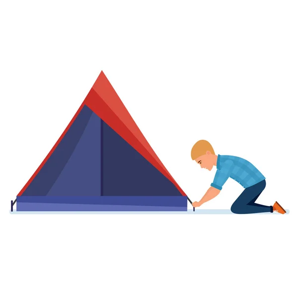 若い旅行者は、ハイキング、休憩、テントを設定するのに従事しています。. — ストックベクタ