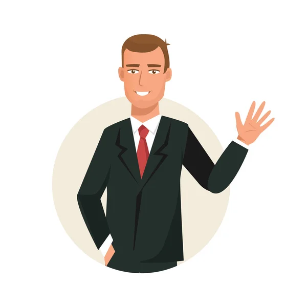 Office worker, gestures with hand, dressed in beautiful business suit. — Stock Vector