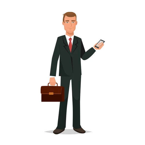 Office worker, in strict business suit, with briefcase in hands. — Stock Vector