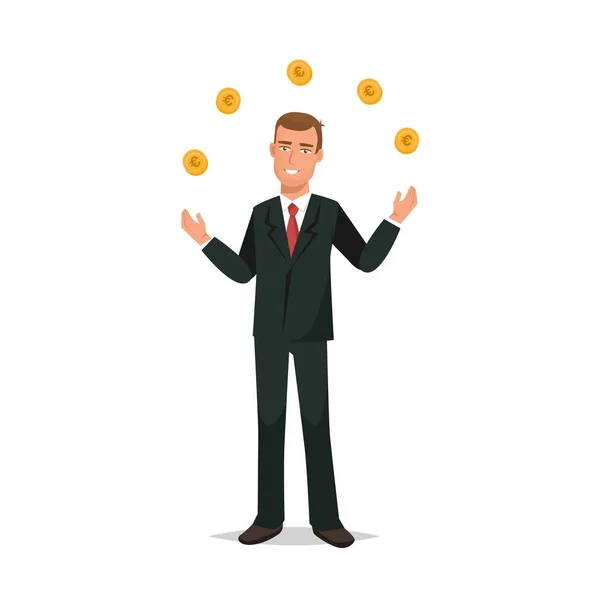 Büroangestellte jongliert im strengen Business-Anzug mit Münzen in der Luft. — Stockvektor