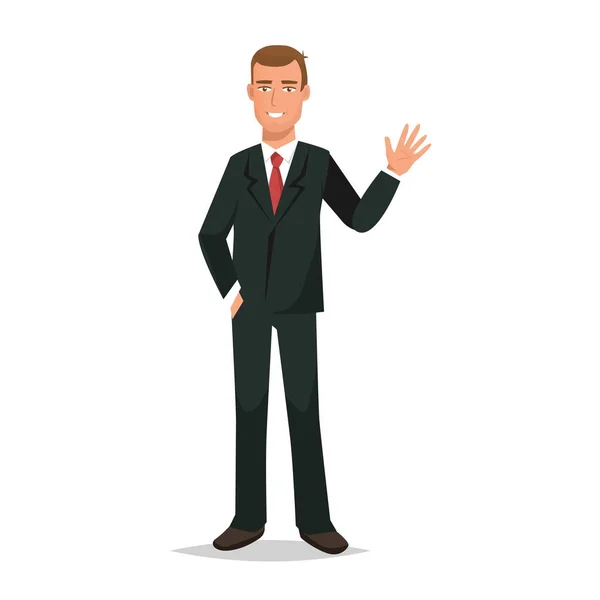 Office worker, gestures with hand, dressed in beautiful business suit. — Stock Vector