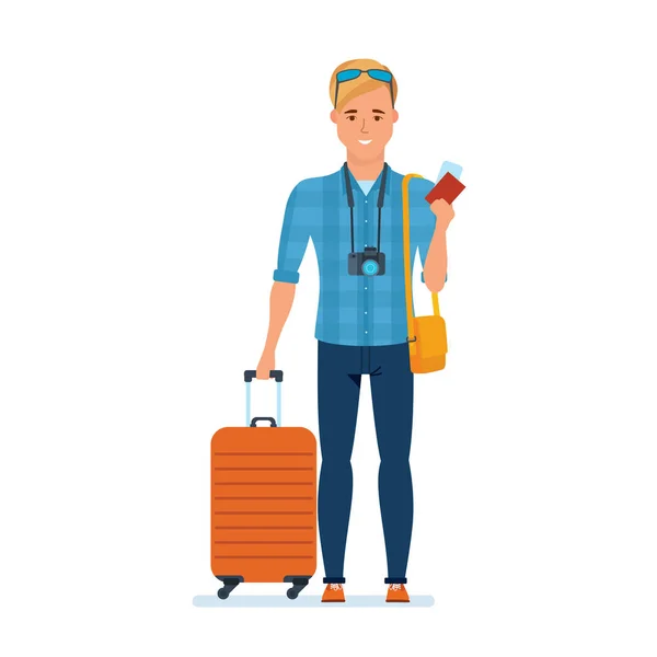 Traveler karaktär med bagage, dokument, tillbehör, kommer på resa. — Stock vektor