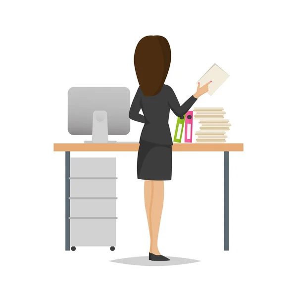 Young girl, office worker, sorts documents, near working desk. — Stock Vector