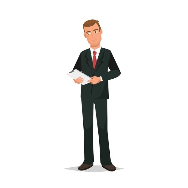 Man, office worker, in business suit with tablet in hands. — Stock Vector
