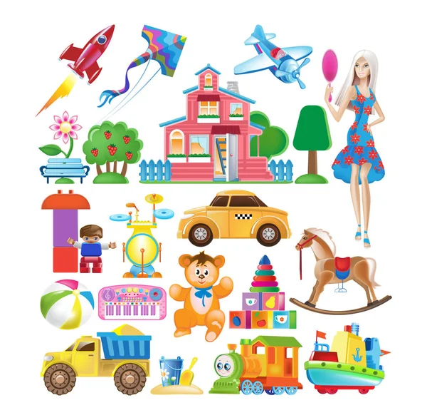 Ensemble de divers jouets colorés pour enfants. Jeux éducatifs et sportifs . — Image vectorielle