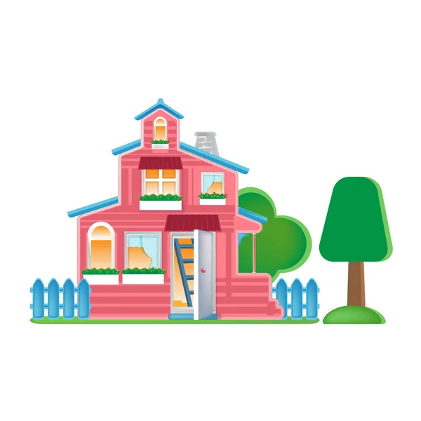 Κούκλα σπίτι με έδαφος και φράκτη γύρω από. Εμφάνιση κτηρίου, πρόσοψη. — Διανυσματικό Αρχείο