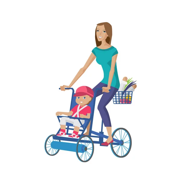 Anya gyermek jár, akkor a kerékpár, otthon élelmiszer vásárlás. — Stock Vector