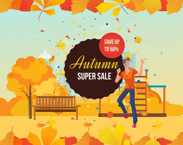 Autumn super sale background with colorful seasonal leaves. — Stock Vector