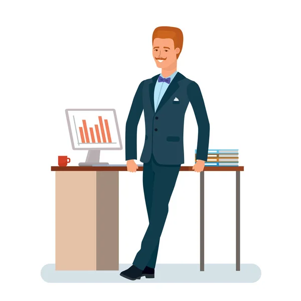 Man, businessman, leans on work desk, with documents, computer. — Stock Vector