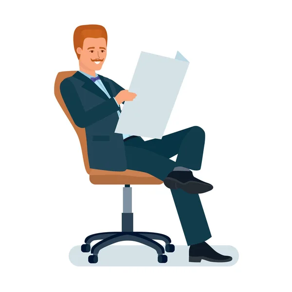 Businessman sitting in chair holding newspaper in hands and reading. — Stock Vector