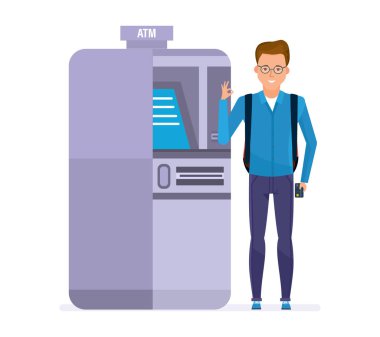 Öğrenci, müşteri, şirket, bankacılık istemci terminal atm yanında duruyor.