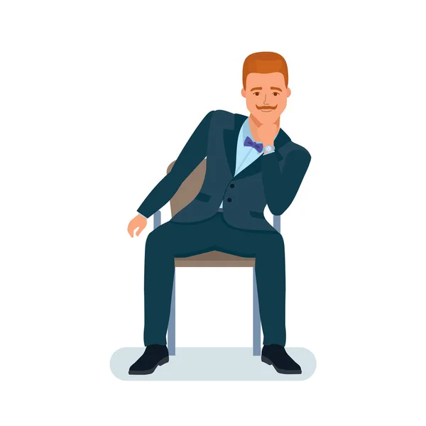 Man sits on chair, holds chin with hand, listens information. — Stock Vector