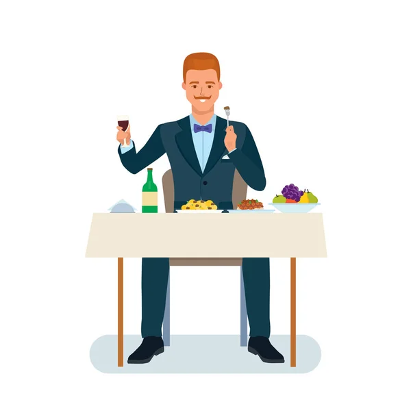 El hombre se sienta a la mesa, come comida sabrosa, bebe bebidas caras . — Vector de stock