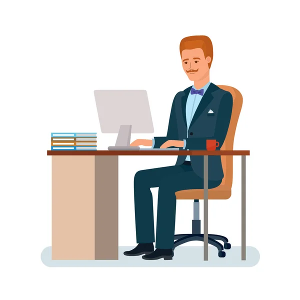 El hombre se sienta en el escritorio cerca de la computadora, trabaja, hace negocios . — Archivo Imágenes Vectoriales