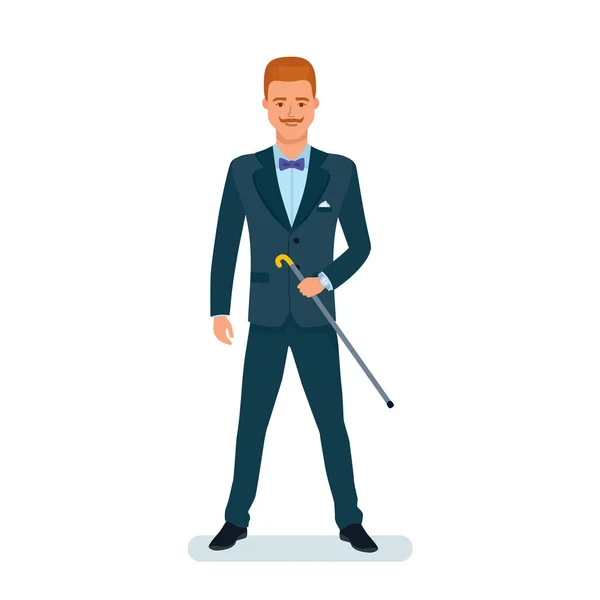 Грациозный человек в деловом костюме, стоит с тростью в руках . — стоковый вектор