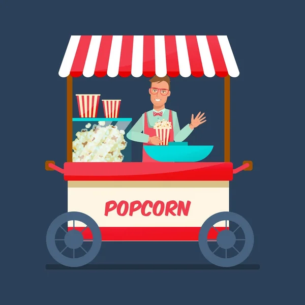 Seller of popcorn cartoon character, sells fresh popcorn behind counter. — Stock Vector