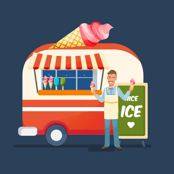 Seller sweet ice cream, sells at counter of the kiosk. — Stock Vector