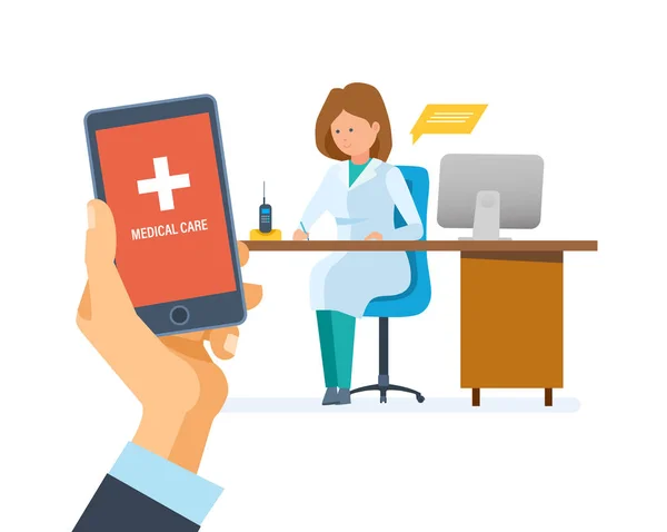 Servicio móvil de salud. Consultor móvil. Smartphone de mano con aplicación . — Vector de stock