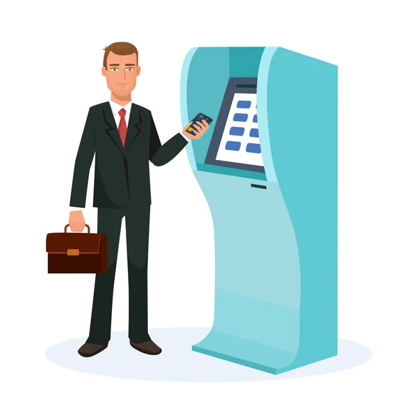 Empresário fica ao lado do terminal, para levantamento de dinheiro do cartão . — Vetor de Stock