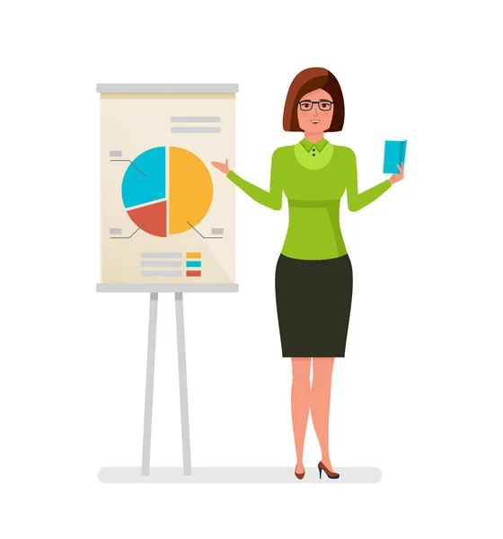 Frau, Büroangestellte, Durchführung von Konferenzen, Präsentation, Business-Training, Finanzanalyse — Stockvektor