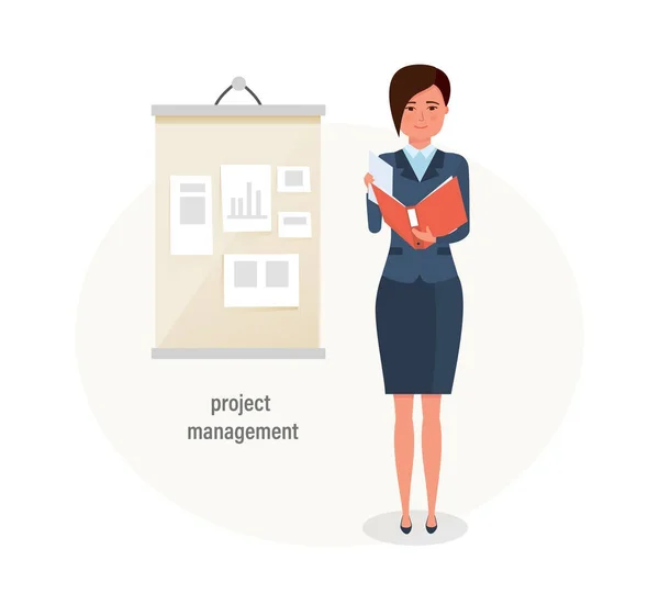 Meisje, kantoorbediende, geëngageerde projectmanagement, timemanagement, business, planning. — Stockvector