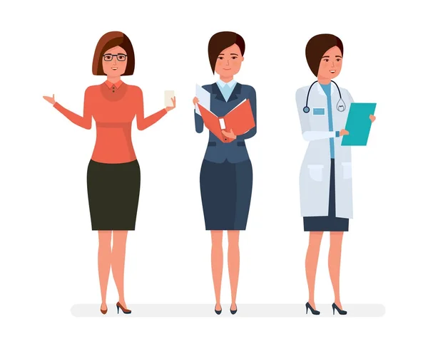 Varias profesiones femeninas modernas. Profesora, empresaria, doctora de hospital . — Vector de stock