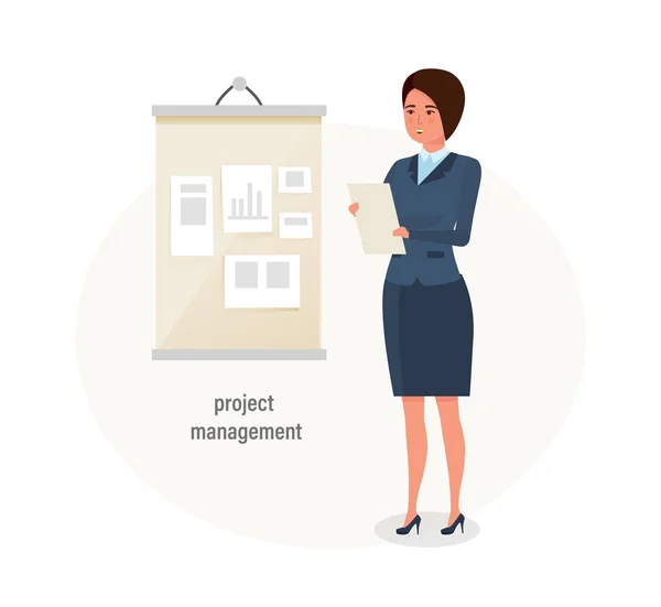 Lány, irodai dolgozó, elkötelezett projekt menedzsment, stratégiai, üzleti, tervezés. — Stock Vector