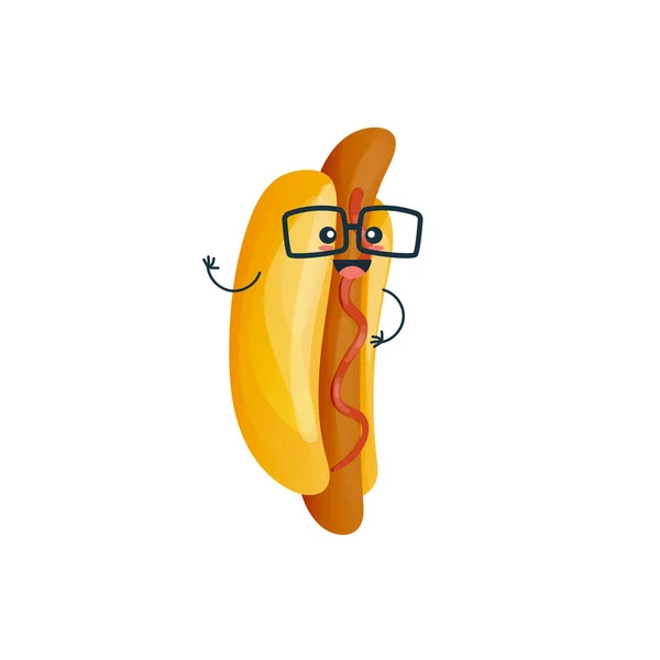 Platos de comida rápida. Divertido perrito caliente en gafas . — Archivo Imágenes Vectoriales