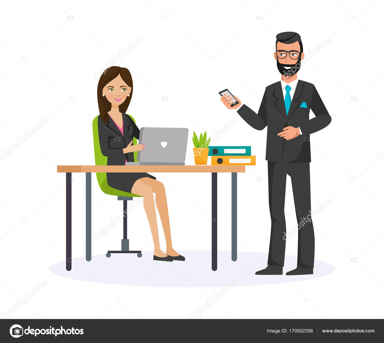 Office worker, woman, talking with colleague working board, teamwork. Stock  Vector by ©ideyweb #170502356