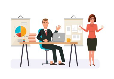 Ofis çalışanı, patron, iş arkadaşı çalışma kurulu, takım çalışması ile konuşmak.