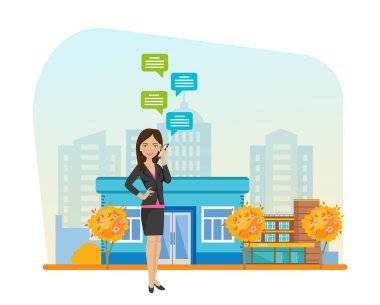 Elinde tutan kız telefon ve messenger üzerinden iletişim kurar.