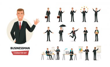 Formal giyim katip adam. Farklı pozlar, duygular, hareketleri eylemleri.