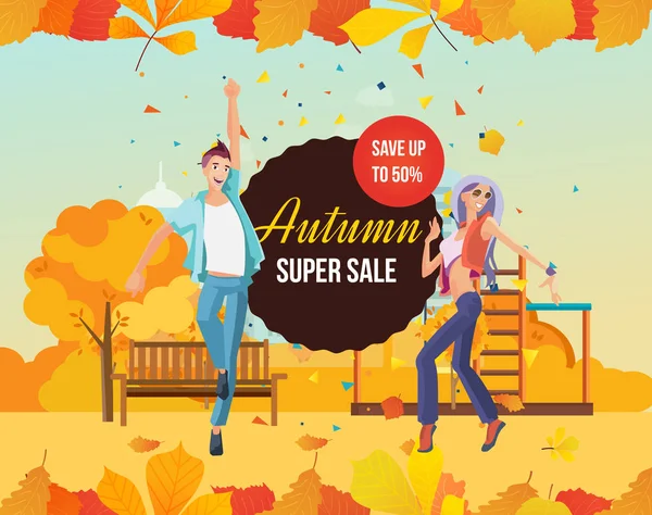 Outono super venda fundo com folhas sazonais coloridas . — Vetor de Stock