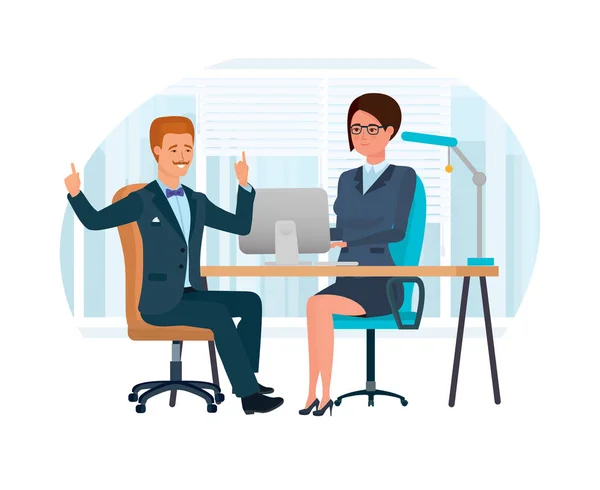 Trabalhador de escritório, no escritório na mesa, discute a cooperação com o cliente . — Vetor de Stock