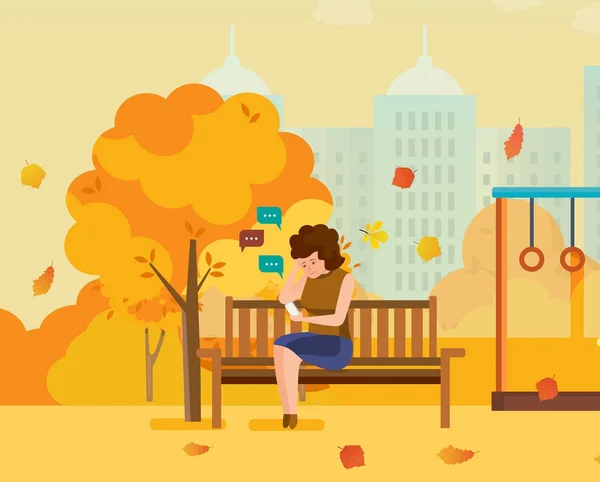Dívka v podzimním parku, komunikuje na telefonu prostřednictvím poslů. — Stockový vektor