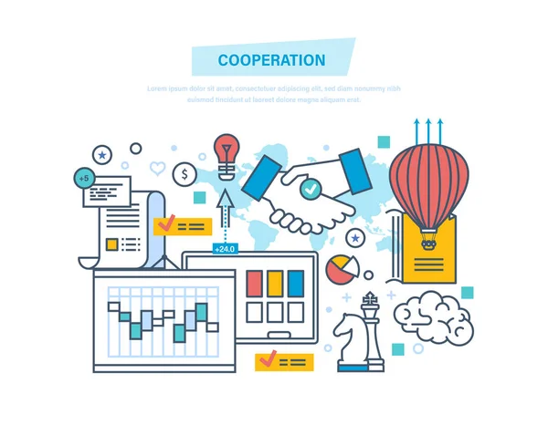 Spolupráce, partnerství, spolupráce skupiny, týmová práce, marketing, obchod. — Stockový vektor