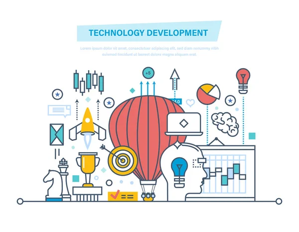 Rozwój technologii. Rozruchu, pień, technologii, procesów biznesowych, wdrażanie pomysłów. — Wektor stockowy