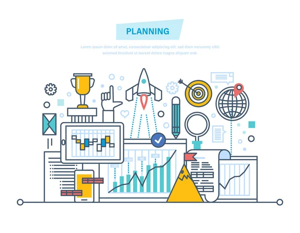 Tidshantering, planering analys, forskning, statistik, affärsmål, finansiell strategi. — Stock vektor