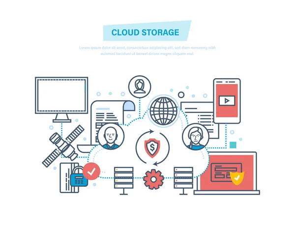 Хмарне сховище, обчислення. Служба хмарних мереж. Безпека зберігання даних, зберігання файлів . — стоковий вектор